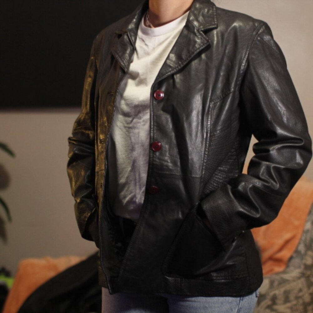 Vintage Leather Jacket Black with Red Buttons, Genuine Leather